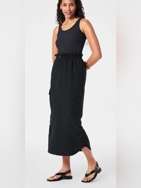 Spanx Out Of Office Sleeveless Maxi Dress Mixed Media Utility Ribbed Pockets S/M